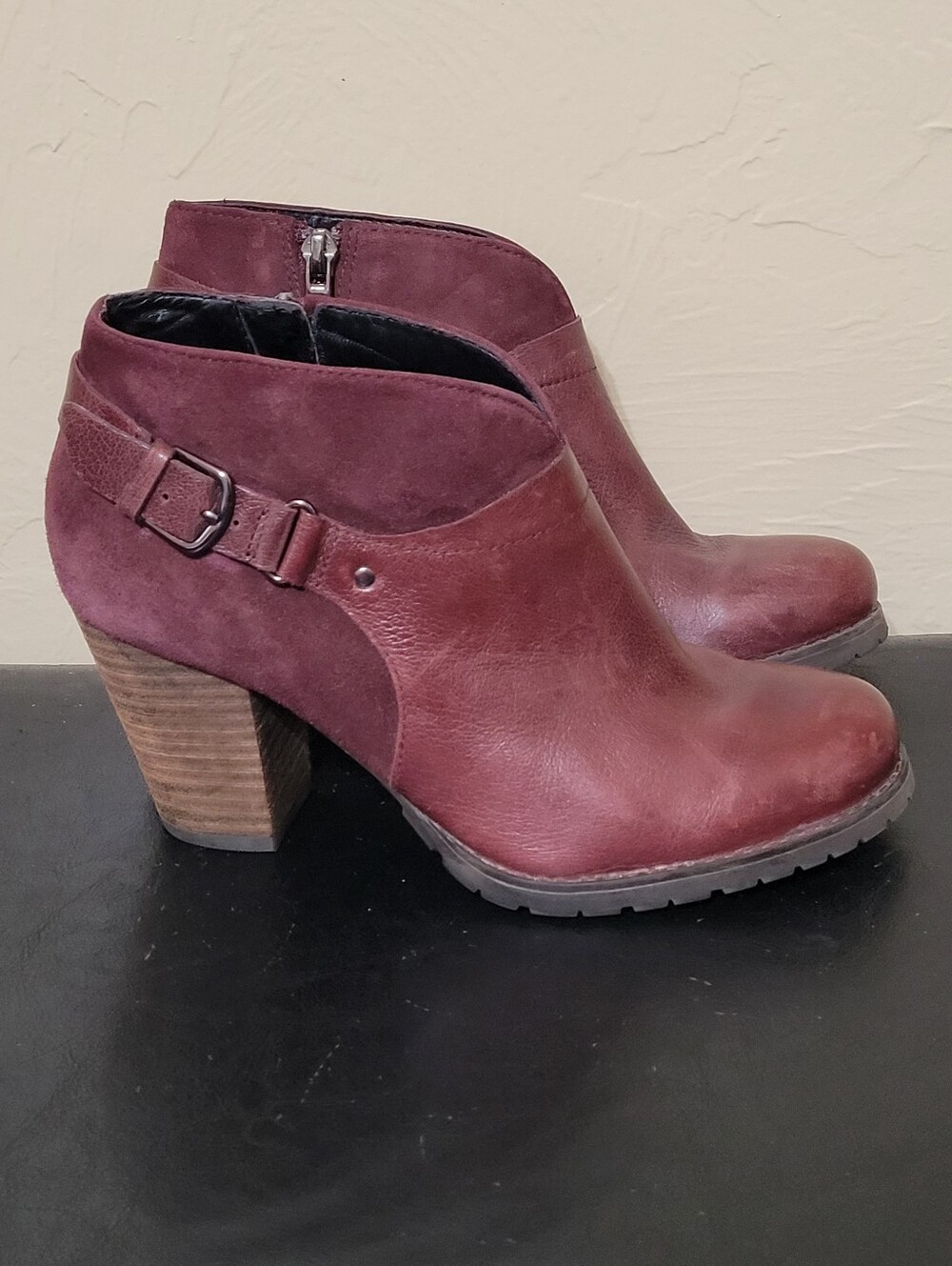 Clarks Mission Parker Block Heel Bootie Ankle Boot Burgundy Leather/Suede Sz 6
